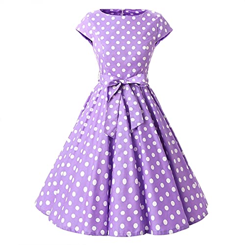 Damen 50s Kleid Vintage Retro Rockabilly Cap Sleeves Blumen Polka Dot 1950er Audrey Hepburn Knielang Cocktailkleid Brautjungfer Festlich Party A-Linie Faltenrock Abendkleid mit Gurtel Lila+Weiß S von IBTOM CASTLE