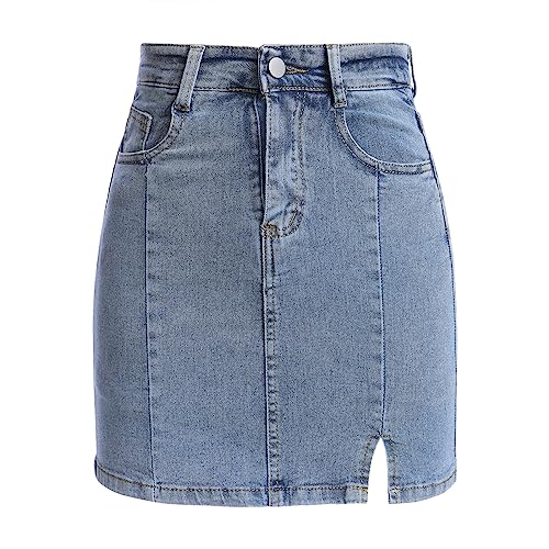 Damen Denim Minirock Raw Saum zerrissen Distressed Jean Rock hohe Taille Bodycon lässig kurzen Rock mit Tasche für Frauen Leibchen-Blau L von IBTOM CASTLE