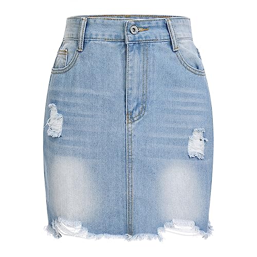 Damen Denim Minirock Raw Saum zerrissen Distressed Jean Rock hohe Taille Bodycon lässig kurzen Rock mit Tasche für Frauen Roher Saum-Blau 2XL von IBTOM CASTLE