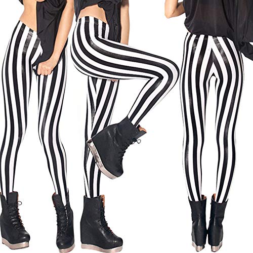 Damen Gestreift Sport Strumpfhose Leggings Vertikal Gestreiften Zebra Fitness Yoga Joggen Pants Athletische Dünne Running Hose Schwarze Weiße Running Workout Stretch Leggins Schwarz und Weiß 3XL von IBTOM CASTLE