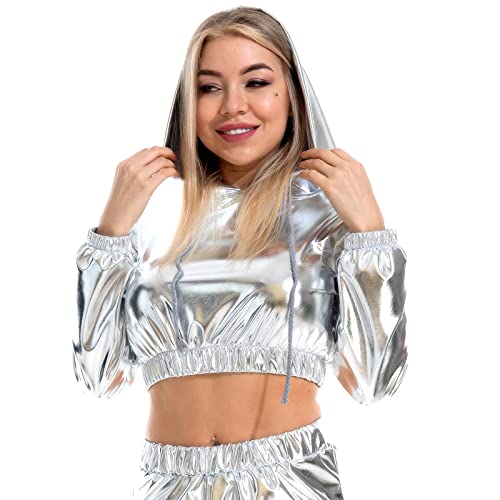 Damen Glänzendes Oberteil Rave Outfit Festival Wetlook Metallic Kapuzenoberteil Holographisch Langarm Kapuzenpullover Kurz Sweatshirt Mädchen Club Party Karneval Halloween Kostüm Silber L von IBTOM CASTLE