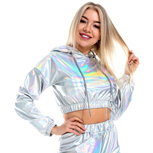 Damen Glänzendes Oberteil Rave Outfit Festival Wetlook Metallic Kapuzenoberteil Holographisch Langarm Kapuzenpullover Kurz Sweatshirt Mädchen Club Party Karneval Kostüm Holographisch Silber S von IBTOM CASTLE