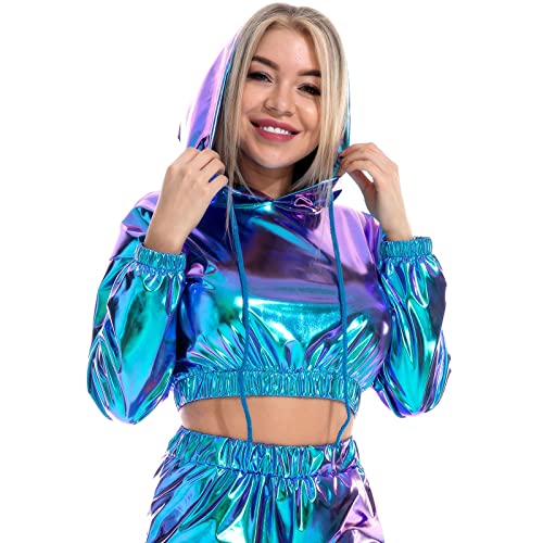 Damen Glänzendes Oberteil Rave Outfit Festival Wetlook Metallic Kapuzenoberteil Holographisch Langarm Kapuzenpullover Kurz Sweatshirt Mädchen Club Party Karneval Kostüm Holographisch blau L von IBTOM CASTLE