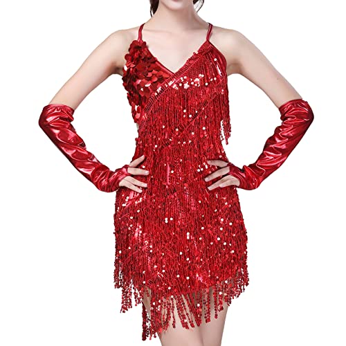 Damen Glitzernde Pailletten Quasten Fransen Tanzkostüm mit Handschuhen Rave Outfit Festival Cocktail Formal Party Kleid, Rot/Ausflug, einfarbig (Getaway Solids), Einheitsgröße von IBTOM CASTLE