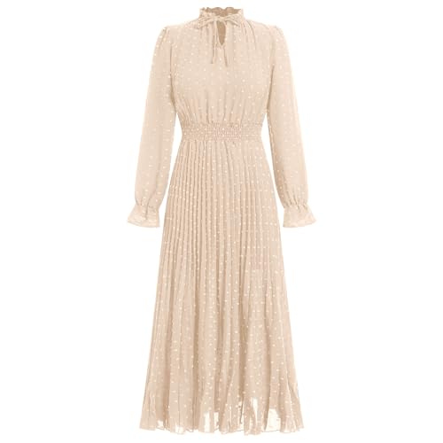 Damen Kleid Langarm Sommerkleid Herbst Boho Freizeitkleid Schweizer Punkt Maxi Kleider Elegant Plisseekleider Fransenkleider A-Linie Kleider Partykleider Festlich Kleid Aprikose L von IBTOM CASTLE