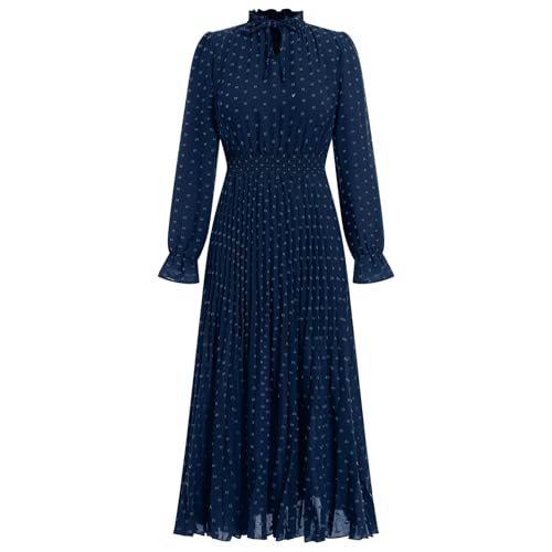 Damen Kleid Langarm Sommerkleid Herbst Boho Freizeitkleid Schweizer Punkt Maxi Kleider Elegant Plisseekleider Fransenkleider A-Linie Kleider Partykleider Festlich Kleid Dunkelblau M von IBTOM CASTLE