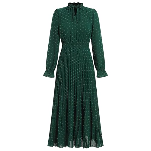 Damen Kleid Langarm Sommerkleid Herbst Boho Freizeitkleid Schweizer Punkt Maxi Kleider Elegant Plisseekleider Fransenkleider A-Linie Kleider Partykleider Festlich Kleid Dunkelgrün S von IBTOM CASTLE