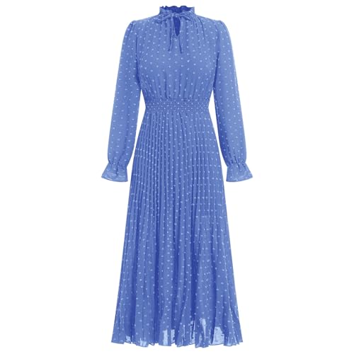 Damen Kleid Langarm Sommerkleid Herbst Boho Freizeitkleid Schweizer Punkt Maxi Kleider Elegant Plisseekleider Fransenkleider A-Linie Kleider Partykleider Festlich Kleid Hellblau L von IBTOM CASTLE