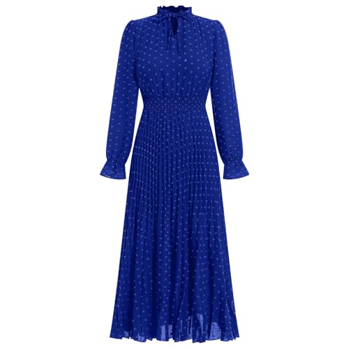 Damen Kleid Langarm Sommerkleid Herbst Boho Freizeitkleid Schweizer Punkt Maxi Kleider Elegant Plisseekleider Fransenkleider A-Linie Kleider Partykleider Festlich Kleid Juwelenblau XXL von IBTOM CASTLE
