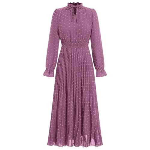 Damen Kleid Langarm Sommerkleid Herbst Boho Freizeitkleid Schweizer Punkt Maxi Kleider Elegant Plisseekleider Fransenkleider A-Linie Kleider Partykleider Festlich Kleid Lila XXL von IBTOM CASTLE