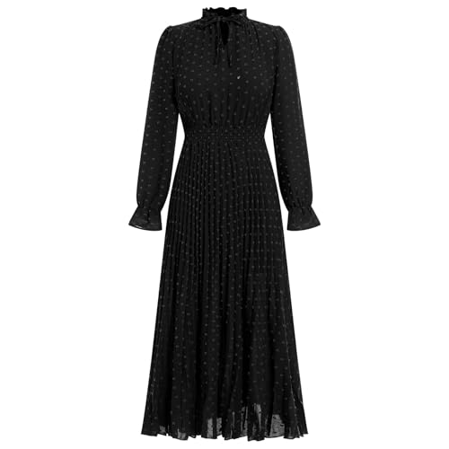 Damen Kleid Langarm Sommerkleid Herbst Boho Freizeitkleid Schweizer Punkt Maxi Kleider Elegant Plisseekleider Fransenkleider A-Linie Kleider Partykleider Festlich Kleid Schwarz XXL von IBTOM CASTLE