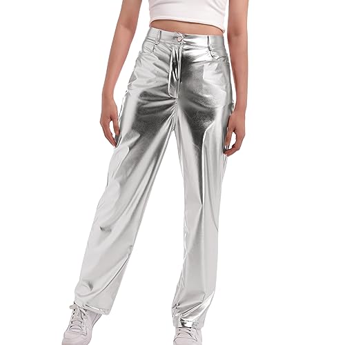 Damen Kunstleder Holographic Glänzend Wetlook Leggings High Waist PU Leder Hose Gerades Bein mit Taschen Hip Hop Tanzhose Hose Jogger Casual Nachtclub Disco Clubwear Silbrig S von IBTOM CASTLE