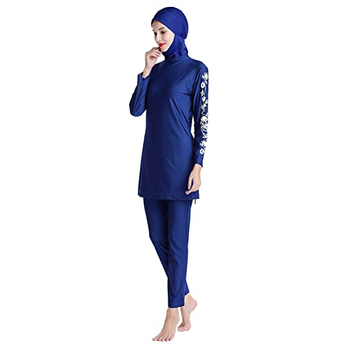 Damen Muslimische Badeanzug Frauen Burkini Badebekleidung LangarmBescheidenes Schwimmhemd Hose Badekappe Vollständige Abdeckung Islamischer Hijab Arabische Badeanzüge Navy blau+Blumen XXL von IBTOM CASTLE