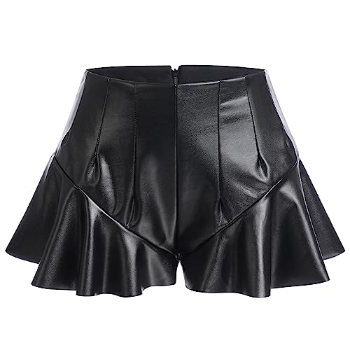 Damen Sexy PU Leder Rock Wetlook Frauen Metallischer Faltenrock Mini Skater Rock für Tanz Sport Disco Kostüm Fasching Karneval Festival Rave Outfit für Mädchen Schwarz Rock S von IBTOM CASTLE