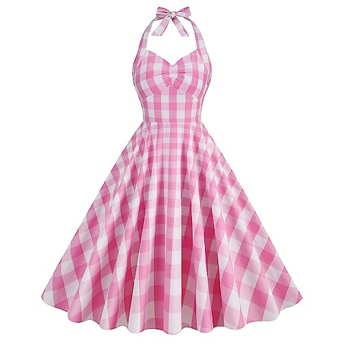 Damen Vintage 1950s Retro Kleid Spaghetti Strap Neckholder Swing Cocktail Party Kleid Polka Dot Plaid Vintage Rockabilly Midi Kleid Halfter-Rosa Weiß Kariert L von IBTOM CASTLE