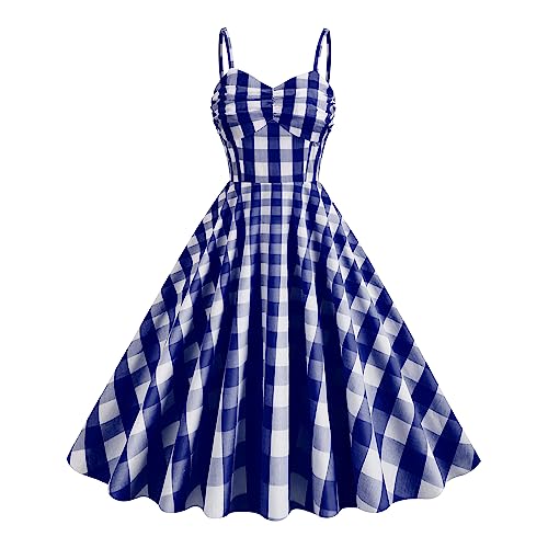 Damen Vintage 1950s Retro Kleid Spaghetti Strap Neckholder Swing Cocktail Party Kleid Polka Dot Plaid Vintage Rockabilly Midi Kleid Spaghettiträger-Blau Weiß Kariert M von IBTOM CASTLE