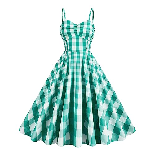 Damen Vintage 1950s Retro Kleid Spaghetti Strap Neckholder Swing Cocktail Party Kleid Polka Dot Plaid Vintage Rockabilly Midi Kleid Spaghettiträger-Grün Weiß Kariert L von IBTOM CASTLE