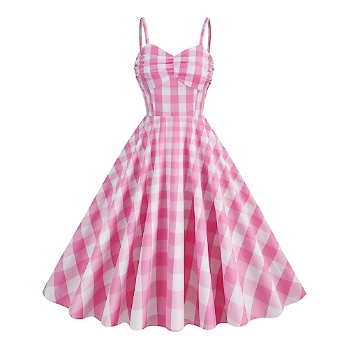 Damen Vintage 1950s Retro Kleid Spaghetti Strap Neckholder Swing Cocktail Party Kleid Polka Dot Plaid Vintage Rockabilly Midi Kleid Spaghettiträger-Rosa Weiß Kariert M von IBTOM CASTLE