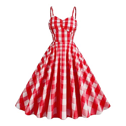 Damen Vintage 1950s Retro Kleid Spaghetti Strap Neckholder Swing Cocktail Party Kleid Polka Dot Plaid Vintage Rockabilly Midi Kleid Spaghettiträger-Rot Weiß Kariert XXL von IBTOM CASTLE