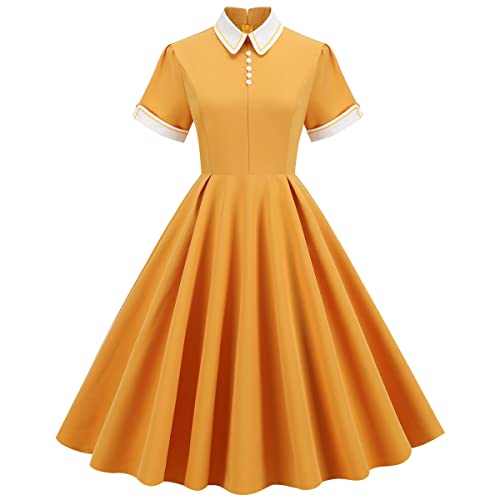 Damen Vintage A Linie Kleid Krawattenausschnitt Polka Dot 50s Retro Flared Swing Kleid Kurzarm Cocktail Büro Lässig Kleid Gelb L von IBTOM CASTLE