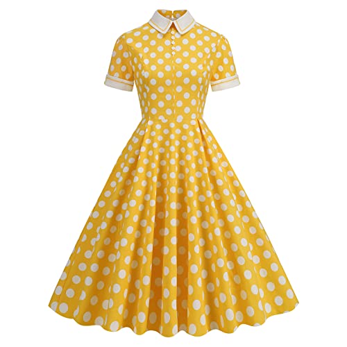 Damen Vintage A Linie Kleid Krawattenausschnitt Polka Dot 50s Retro Flared Swing Kleid Kurzarm Cocktail Büro Lässig Kleid Gelb-weißer Punkt M von IBTOM CASTLE