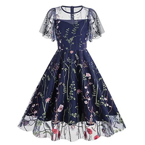 Damen Vintage Kleid 1950s Ärmellos Mesh Patchwork Cocktail Swing Kleid Floral Stickerei Flare A-line Kleid Blau Flatterärmel XXL von IBTOM CASTLE