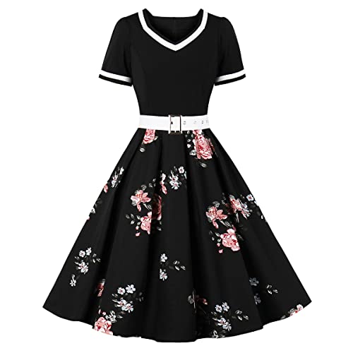 Damen Weinlese 1950s Retro Cocktail Audrey Hepburn Kleid Frauen Rockabilly Hochzeit Party Geburtstag Polka Tupfen Kleider Schwarze Pfingstrose S von IBTOM CASTLE