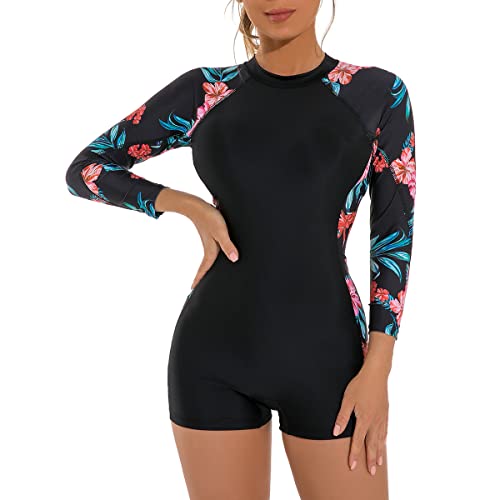 Einteiliger Badeanzug Frauen, Zipper Floral Swim Shirt Boyleg Bottoms Rash Guard Badeanzug Surfen Neoprenanzug Schnorchelanzug UV-Schutz Badekostüm Schwarz&Blume M von IBTOM CASTLE