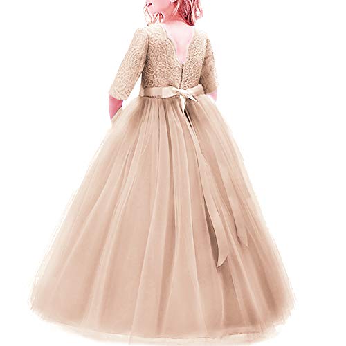 Elegant Prinzessin Kleid Mädchen Abendkleid für Hochzeit Brautjungfer Blumenmädchen 3/4 Arm Geburtstag Party Jugendweihe Fasching Cocktail Dance Ballkleid 2-14 Jahre S# Champagner 7-8 Jahre von IBTOM CASTLE