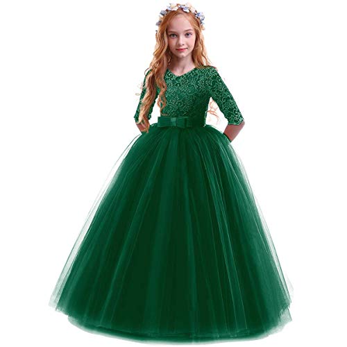 Elegant Prinzessin Kleid Mädchen Abendkleid für Hochzeit Brautjungfer Blumenmädchen 3/4 Arm Spitzenkleid Geburtstag Party Fasching Cocktail Dance Ballkleid 2-14 Jahre Dunkelgrün 13-14 Jahre von IBTOM CASTLE