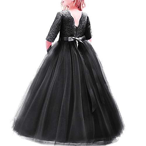 Elegant Prinzessin Kleid Mädchen Abendkleid für Hochzeit Brautjungfer Blumenmädchen 3/4 Arm Spitzenkleid Geburtstag Party Jugendweihe Fasching Cocktail Dance Ballkleid 2-14 Jahre S# Schwarz 9-10 Jahre von IBTOM CASTLE