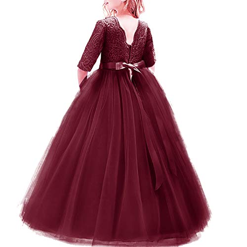 Elegant Prinzessin Kleid Mädchen Abendkleid für Hochzeit Brautjungfer Blumenmädchen 3/4 Arm Spitzenkleid Geburtstag Party Jugendweihe Fasching Cocktail Dance Ballkleid 2-14 Jahre S# Weinrot 7-8 Jahre von IBTOM CASTLE