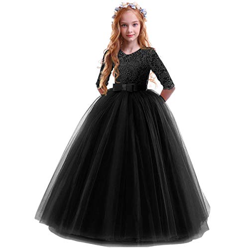 Elegant Prinzessin Kleid Mädchen Abendkleid für Hochzeit Brautjungfer Blumenmädchen 3/4 Arm Spitzenkleid Geburtstag Party Jugendweihe Fasching Cocktail Dance Ballkleid 2-14 Jahre Schwarz 2-3 Jahre von IBTOM CASTLE