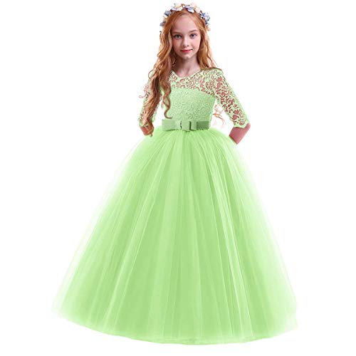 Elegant Prinzessin Kleid Mädchen Abendkleid für Hochzeit Brautjungfer Blumenmädchen 3/4 Arm Spitzenkleid Geburtstag Party Jugendweihe Fasching Cocktail Dance Ballkleid Gras-Grün 7-8 Jahre von IBTOM CASTLE