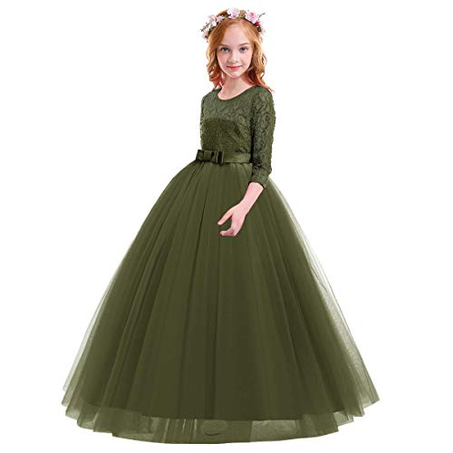 Elegant Prinzessin Kleid Mädchen Abendkleid für Hochzeit Brautjungfer Blumenmädchen 3/4 Arm Spitzenkleid Geburtstag Party Jugendweihe Fasching Cocktail Dance Ballkleid Grün Armee 9-10 Jahre von IBTOM CASTLE