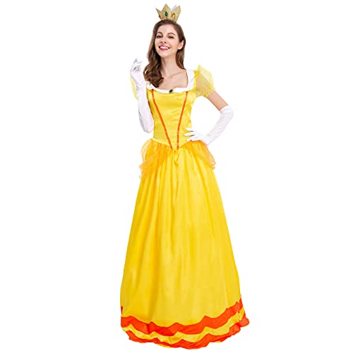 Elsa Prinzessinnen-Kleid für Damen, Prinzessinnen-Kleid/Kostüm von der Schöne und La/Kapuzenumhang, Kostüm, Cosplay, Hochzeit, Karneval, Halloween-Party, mit Krone, Handschuhe, gelb, 46 von IBTOM CASTLE