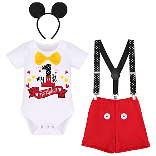 Erster Geburtstag Gentleman Outfit für Baby Junge Cake Smash Mickey Mouse Fancy Dress Up Kostüm Strampler Windelhülle Hosenträger Fliege Party Kleidung Set für Fotoshooting Weiß-Tasten 12-18 Monate von IBTOM CASTLE