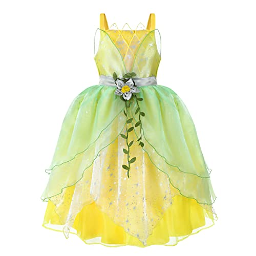 Feenkostüm Kinder Mädchen Kinder Feenkostüm Tinkerbell Prinzessin Grün Maxi Fee Kleid mit Schmettelingflüge Set Halloween Cosplay Fasching Karneval Ankleiden Geburtstag Grün + Gelb - 1PC 2-3 Jahre von IBTOM CASTLE