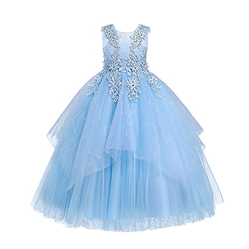 Festliches Kleid Mädchen Blumensmädchenkleid Prinzessin Blumen Spitze Stickerei Tüll Tutu Brautjungfer Hochzeit Abendkleid Erstkommunion Festzug Geburtstag Partykleid Lang Ballkleider Blau 7-8 Jahre von IBTOM CASTLE