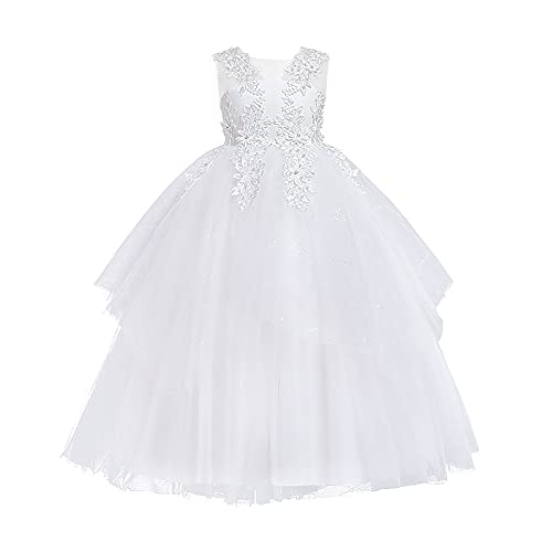 Festliches Kleid Mädchen Blumensmädchenkleid Prinzessin Blumen Spitze Stickerei Tüll Tutu Brautjungfer Hochzeit Abendkleid Erstkommunion Geburtstag Partykleid Lang Ballkleider Weiß 7-8 Jahre von IBTOM CASTLE