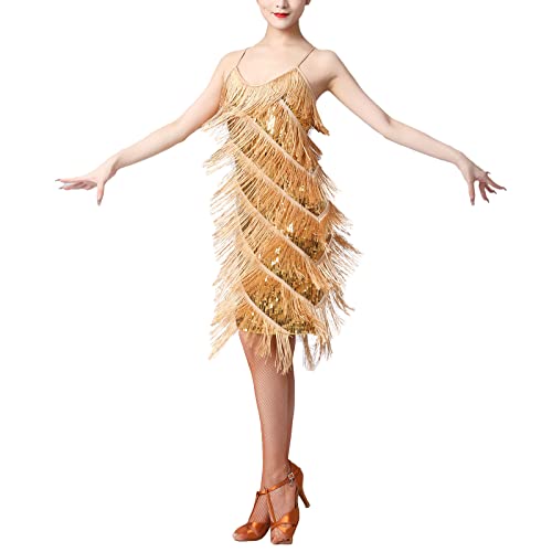 Frauen Pailletten Quaste Flapper Kleid Ärmellos Stehkragen Glitzernde Fransen Latein Kleider Salsa Cha-Cha Jazz Tanz Kostüme, Gold, Groß von IBTOM CASTLE