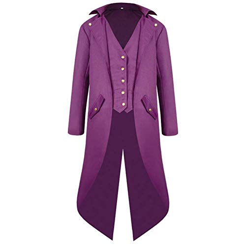 Herren-Frackjacke, Gothic, Steampunk, Viktorianischer Victorian, VTG, Halloween-Kostüm, langer Mantel Cosplay Frack Uniform Langarm Smoking Männer Für Karneval Vintage Party Verkleidung Violett 3XL von IBTOM CASTLE