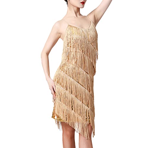 IBTOM CASTLE 1920 Pailletten Abendkleider Damen Tanzkleid Fransen Tanzkleid Kleid Quaste Tanzkleid Glitzer Party Kleid V-Ausschnitt Flapper Kostüm Cocktail Gold L von IBTOM CASTLE