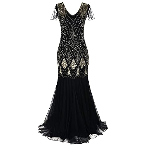 IBTOM CASTLE 1920er Jahre Gatsby Flapper formelles Abendkleid Party Kleid für Frauen Vintage V Ausschnitt Art Deco Perlen Pailletten Meerjungfrau Saum Cocktail Maxi Kleid Abschlussball Kostüm Gr. XL, von IBTOM CASTLE