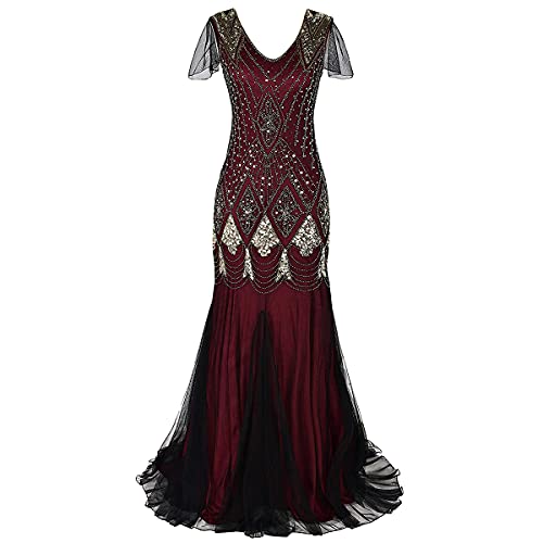 IBTOM CASTLE 1920er Jahre Gatsby Flapper formelles Abendkleid Party Kleid für Frauen Vintage V Ausschnitt Art Deco Perlen Pailletten Meerjungfrau Saum Cocktail Maxi Kleid Abschlussball Kostüm Gr. XL, von IBTOM CASTLE