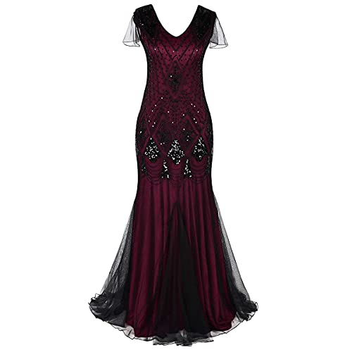 IBTOM CASTLE 1920er Jahre Gatsby Flapper formelles Abendkleid Party Kleid für Frauen Vintage V Ausschnitt Art Deco Perlen Pailletten Meerjungfrau Saum Cocktail Maxi Kleid Abschlussball Kostüm Gr. von IBTOM CASTLE