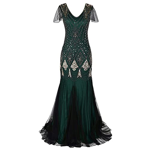 IBTOM CASTLE 1920er Jahre Kleid Damen Pailletten V-Ausschnitt Fransenkleid Charleston Kleid 20er Jahre Flapper-Kleider Retro Glitzer Party Fasching Kleider Grün Gold XL von IBTOM CASTLE