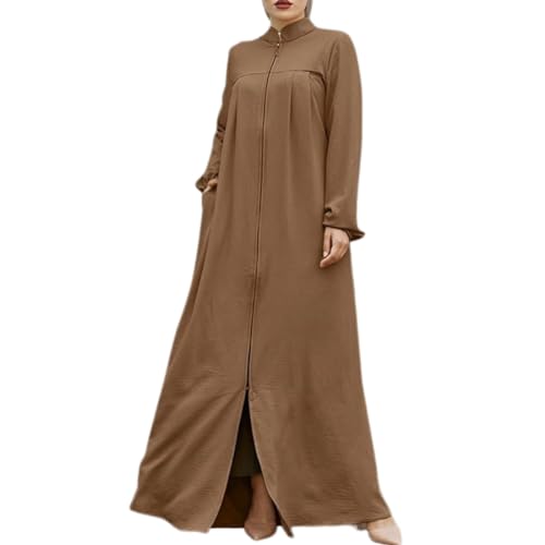IBTOM CASTLE Abaya Muslim Damen Gebetskleidung für Frauen Langarm Stand Kragen Zip Up Große Größen Lose Maxikleid Robe Naher Osten Dubai Kaftan Arabische Islamische Kleidung Damen Karamell M von IBTOM CASTLE