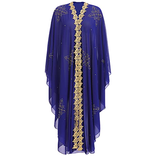 IBTOM CASTLE Abaya für Frauen Muslim, Perlen bestickt Maxi Kaftan Kleid Cardigan Kaftan Dubai Arabisch Kimono Robe, Blau-goldene Blume, Einheitsgröße von IBTOM CASTLE