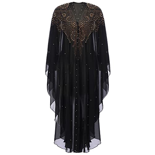 IBTOM CASTLE Abaya für Damen, muslimisch, mit Perlen bestickt, Maxi-Kaftan-Kleid, Cardigan, Kaftan, Dubai, arabischer Kimono, Robe, Schwarz / Gold, Einheitsgröße von IBTOM CASTLE